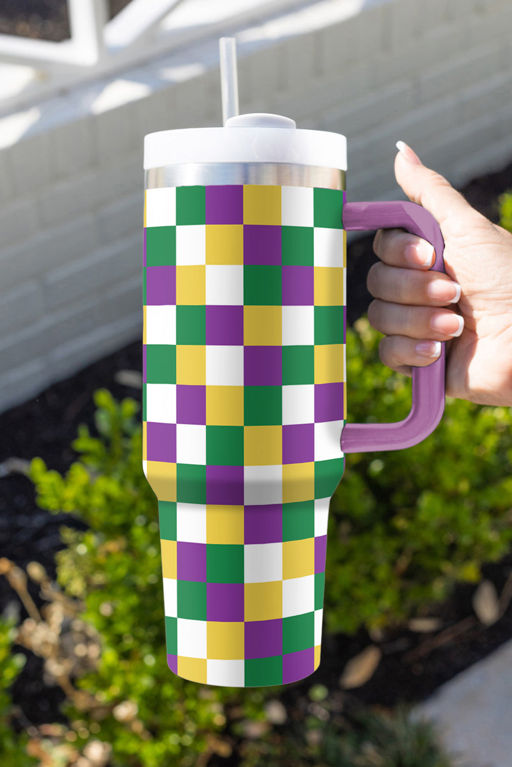 Purple Checkered Mardi Gras Tumbler Cup