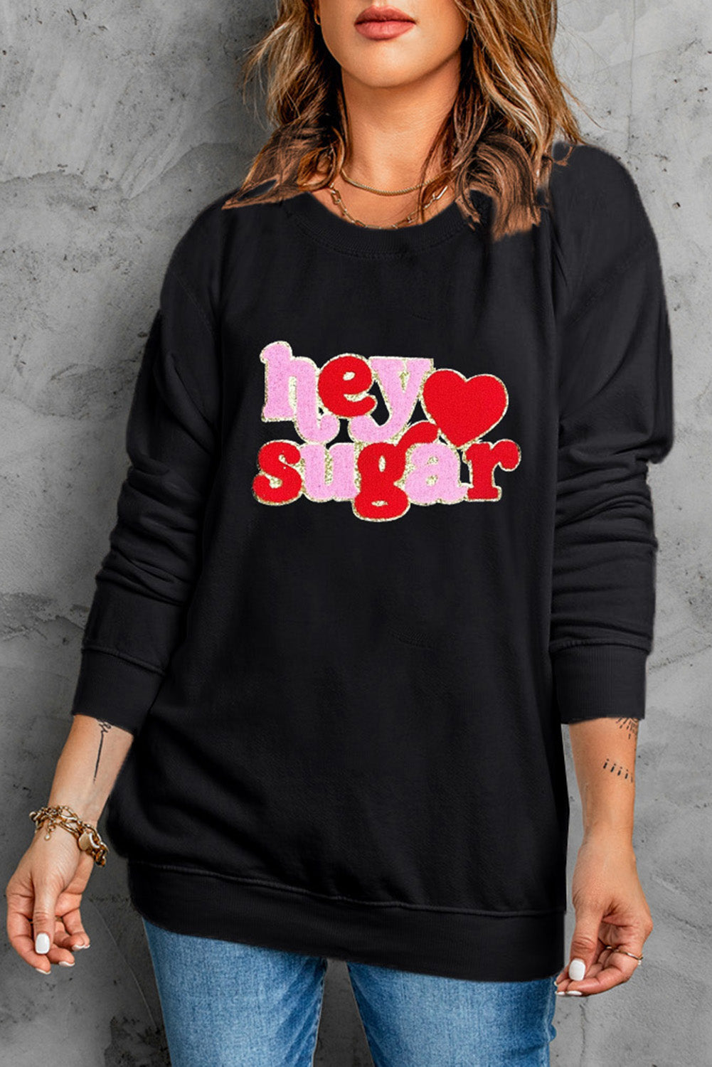 Pink Chenille Heart Pattern Valentines Graphic Sweatshirt