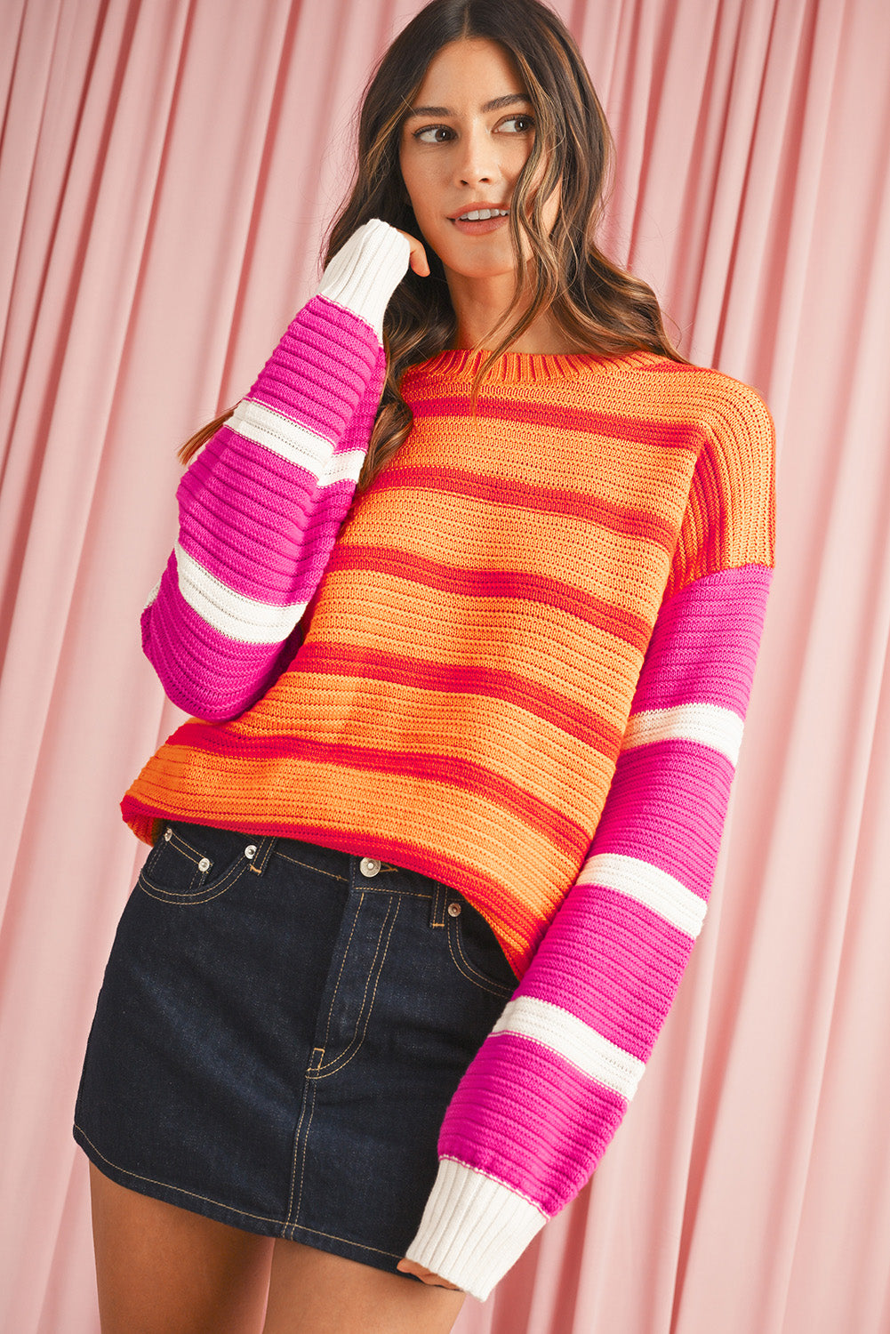 Orange Striped Colorblock Puff Sleeve Sweater