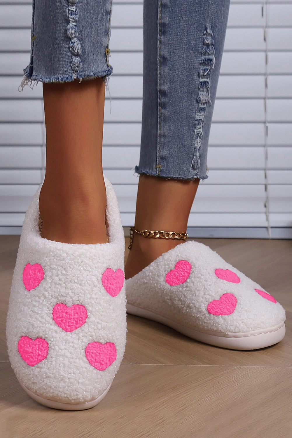 Pink Valentines Day Hearts Print Plush Slippers