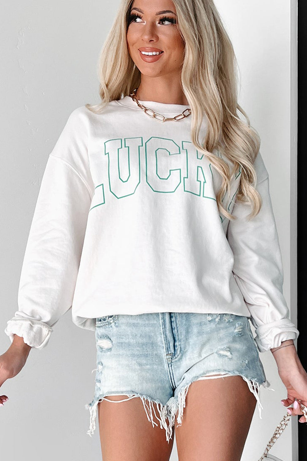 White St Patricks LUCKY Graphic Crew Neck Pullover Sweatshirt