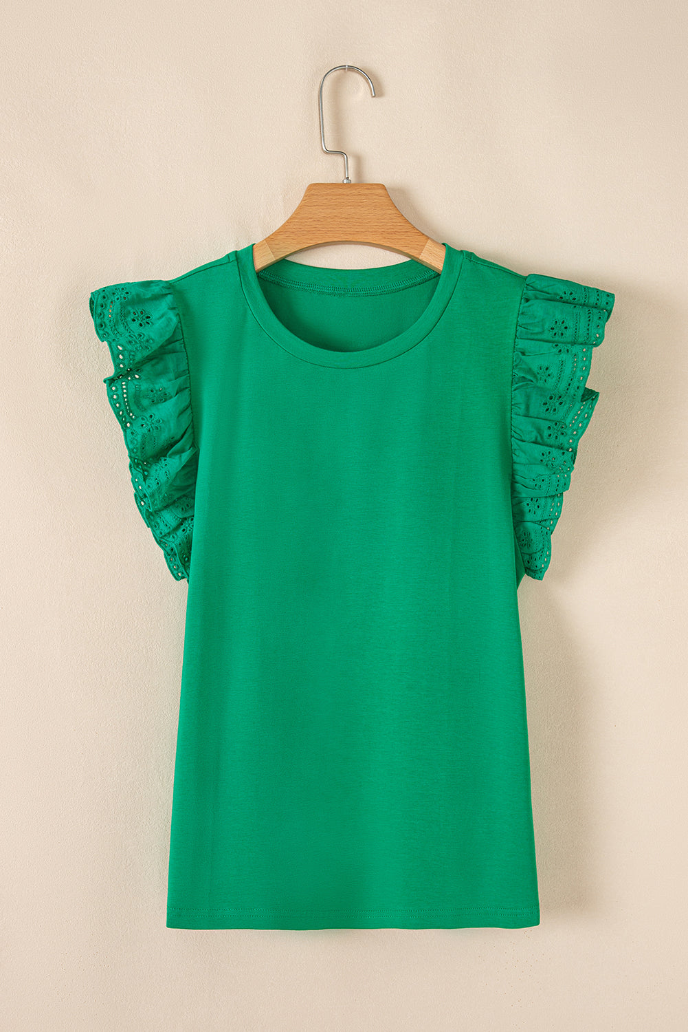 Dark Green Embroidered Ruffle Slim Fit Crew Neck Top