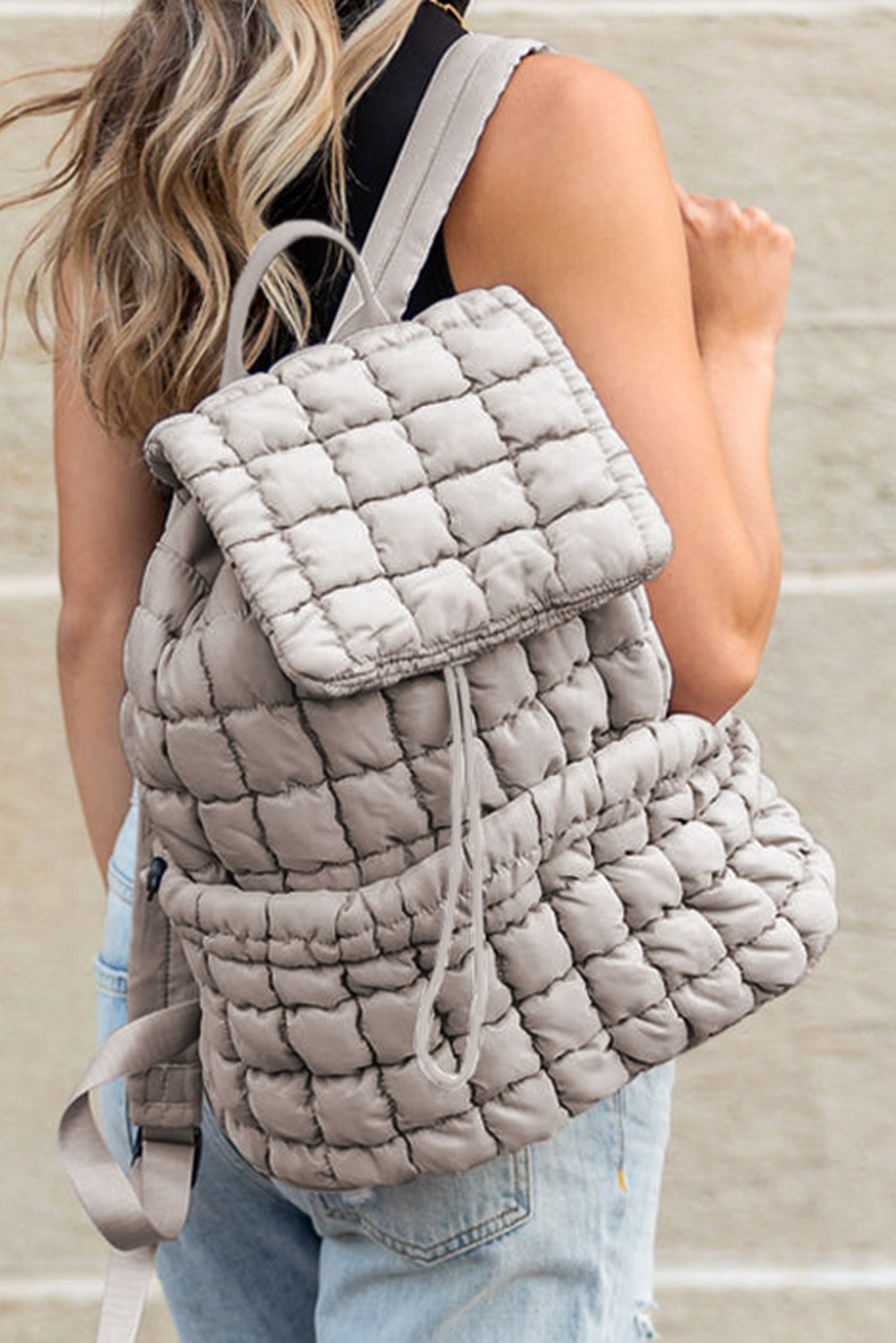 Black Solid Flapped Quilted Puffer Backpack