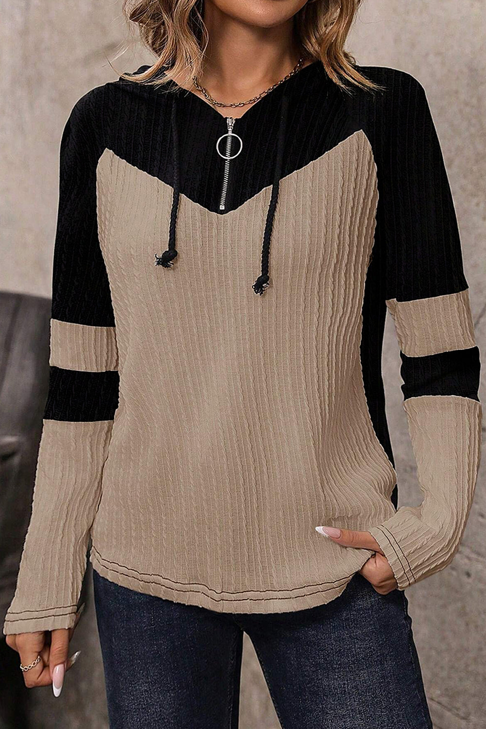 Textured Colorblock Long Sleeve Quarter Zip Drawstring Hooded top