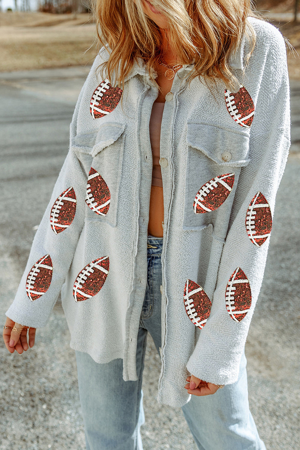 Gray Sequined Rugby Flap Pockets Buttoned Shacket