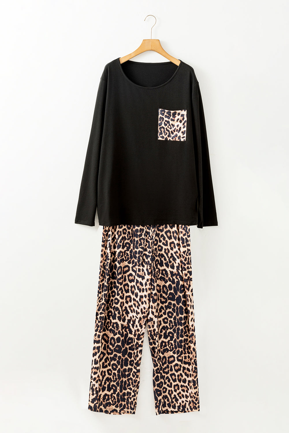 Black Leopard Patched Pocket Long Sleeve Top Plus Size Pajama Set