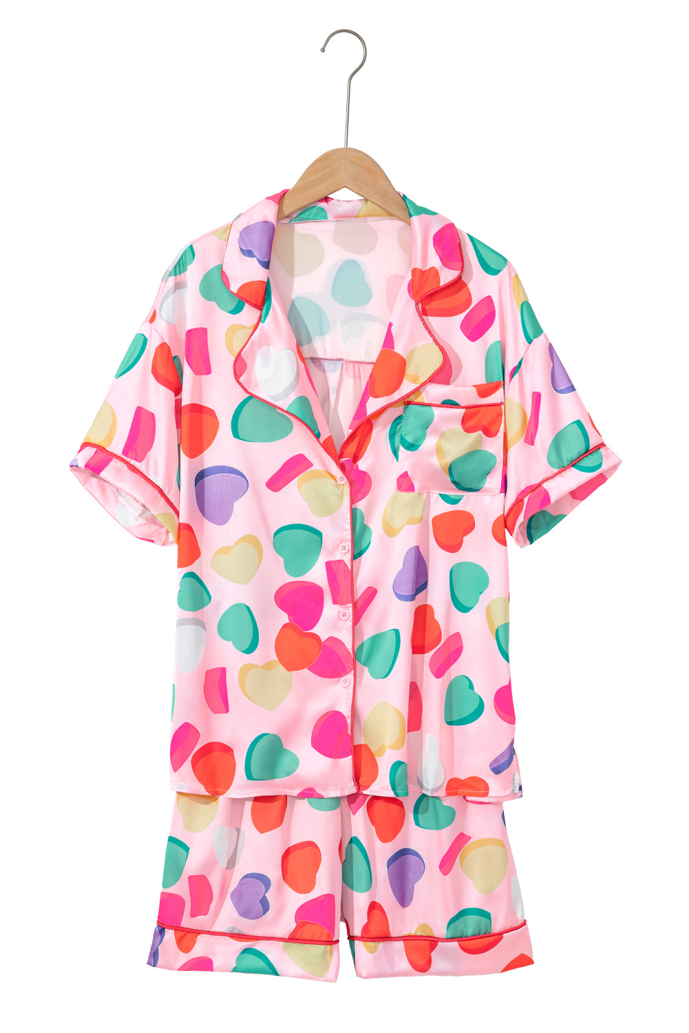 Pink Full Heart Pattern Shirt and Shorts Satin Pajama Set