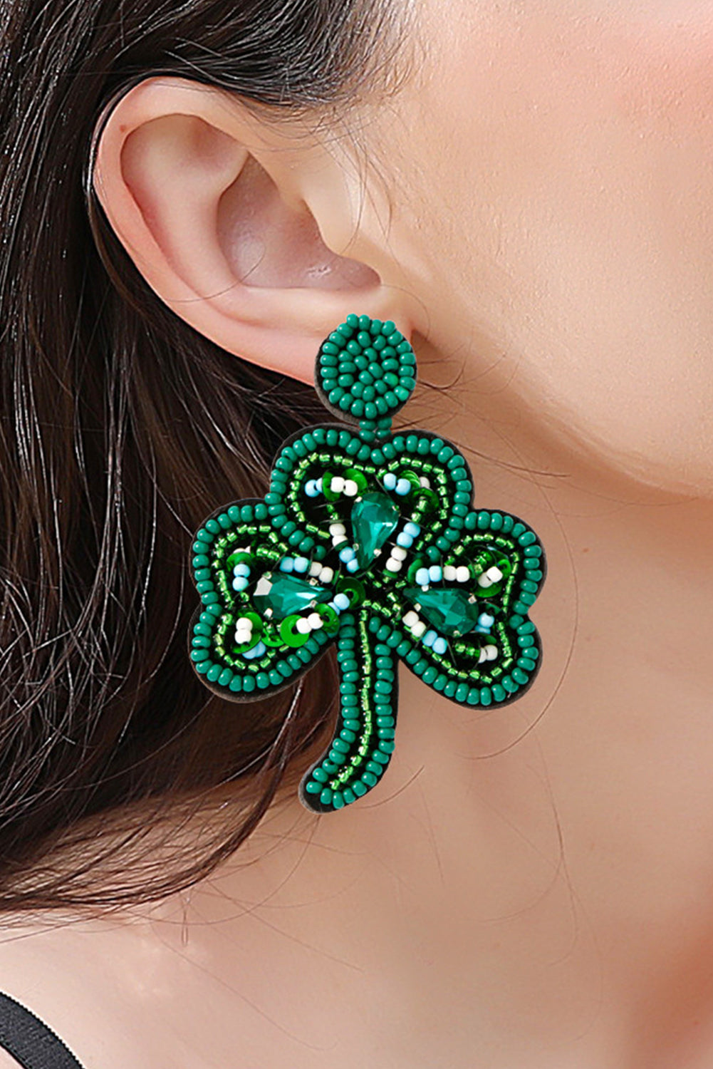 Blackish Green St Patrick Clover Beaded Dropping Earrings